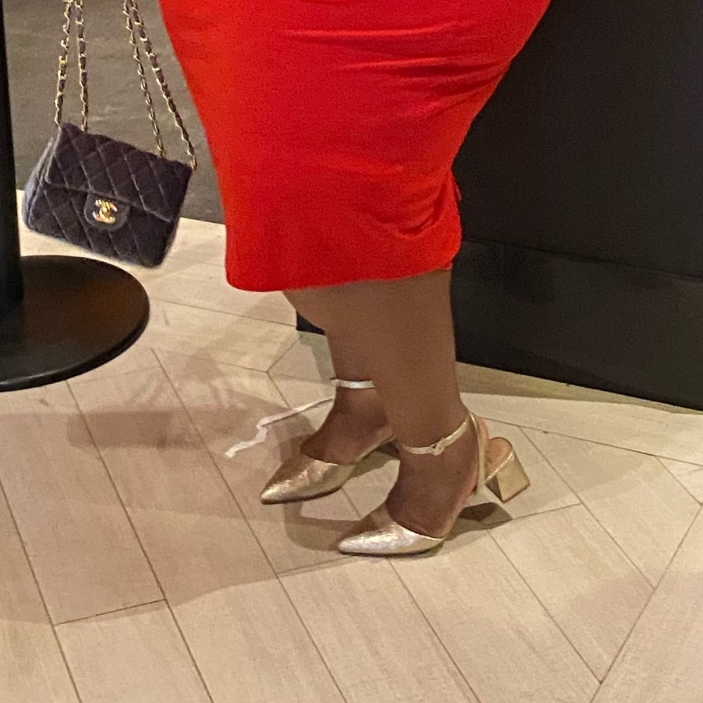 Women's Gold Ankle Strap Heels with block heel.